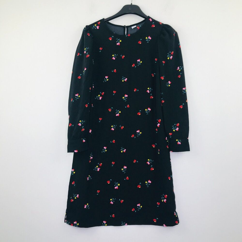 Old Navy Women's XS Dress Black Floral Long Puff Sleeve Knee Length Shift BK16